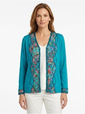 Koos silk and cotton blue boho artsy button sweater size medium